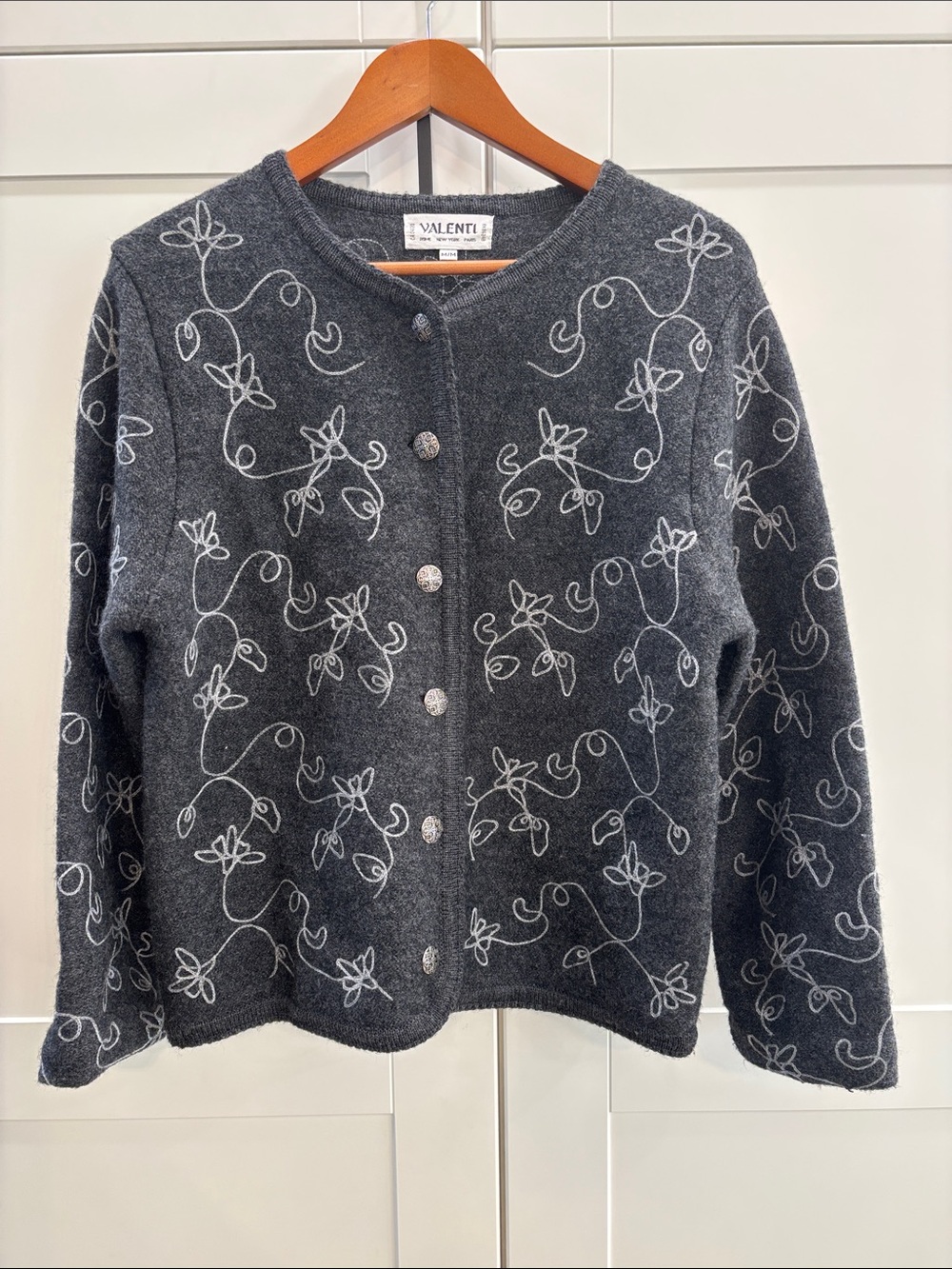 100% Wool Charcoal Floral Embroidered Crewneck Sweater